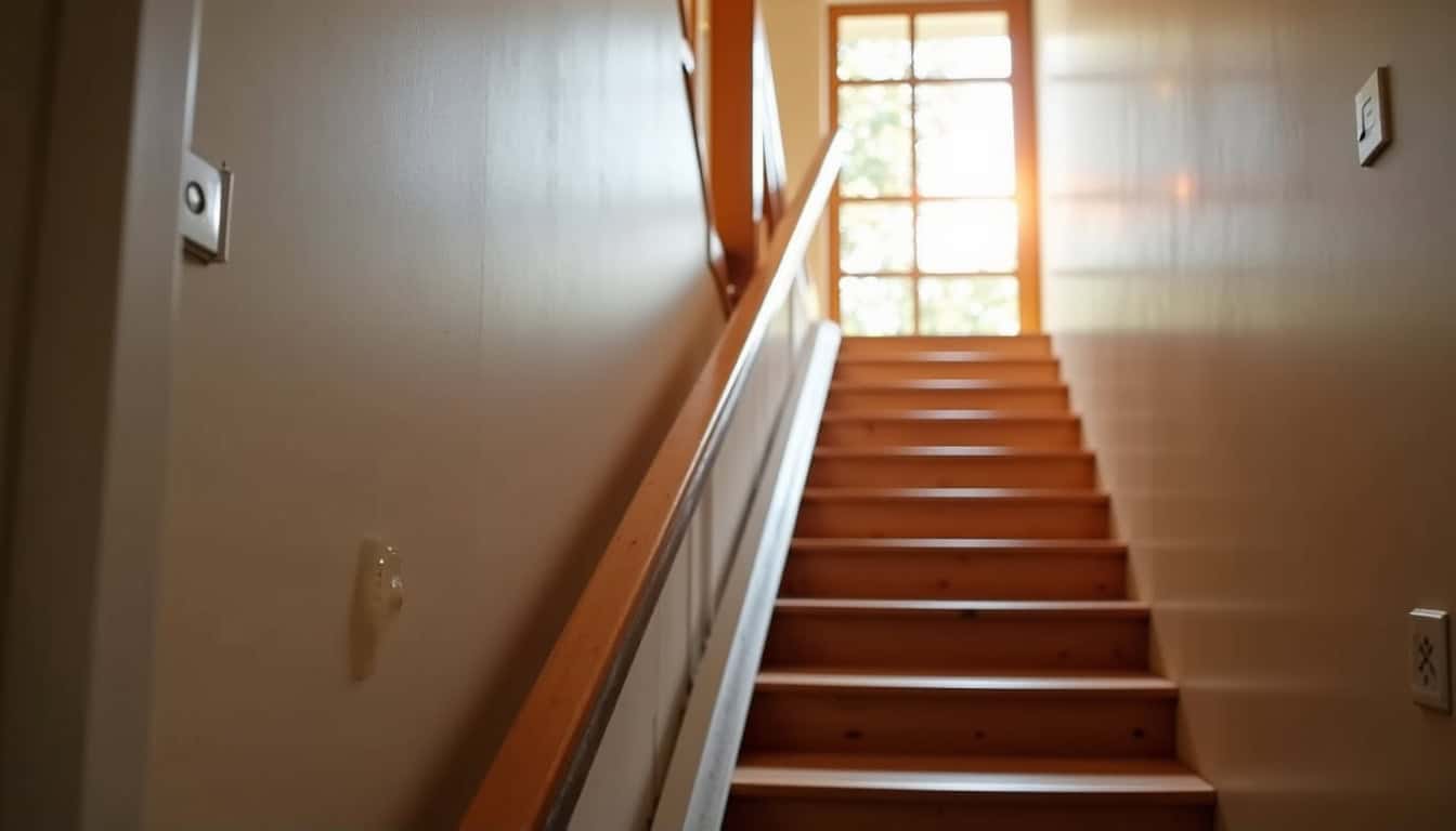 Monte-escalier droit installé dans une maison à Dampierre-les-Bois, vu en contre-plongée sur un escalier rectiligne