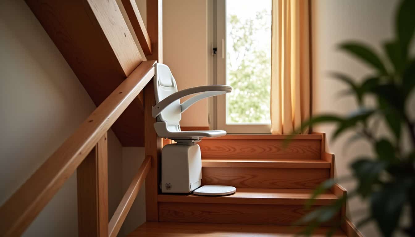 Monte-escalier droit installé dans une maison à Étreillers, avec un rail discret le long de l’escalier