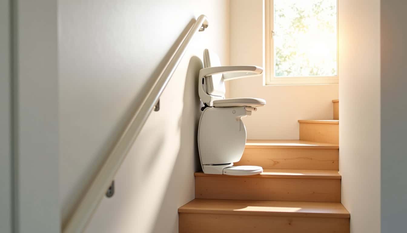 Monte-escalier droit installé dans une maison à Éveux, adapté à un escalier rectiligne