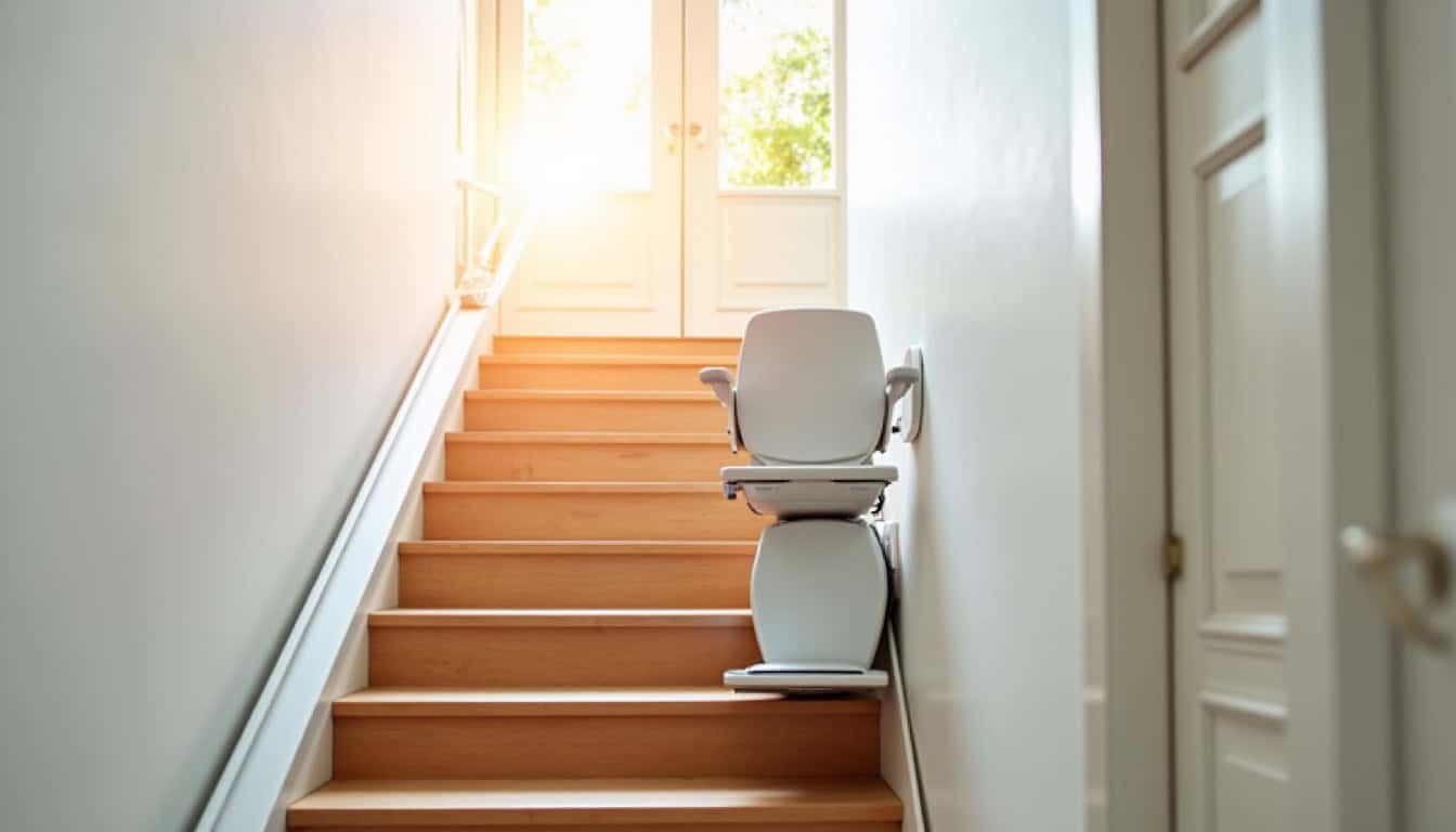 Monte-escalier droit installé dans une maison à Kervignac avec escalier rectiligne