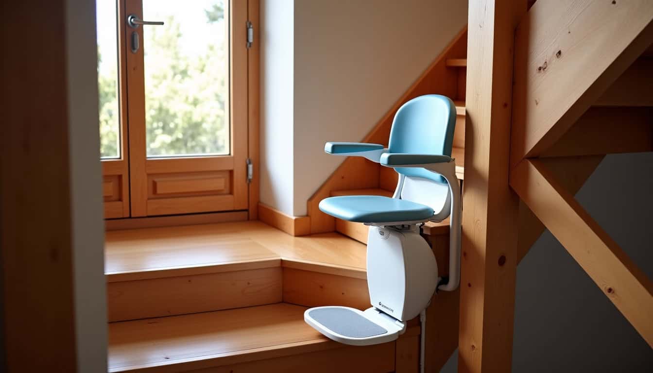 Monte-escalier droit installé dans une maison à Les Allues, suivi par un rail rectiligne sur un escalier sans virage