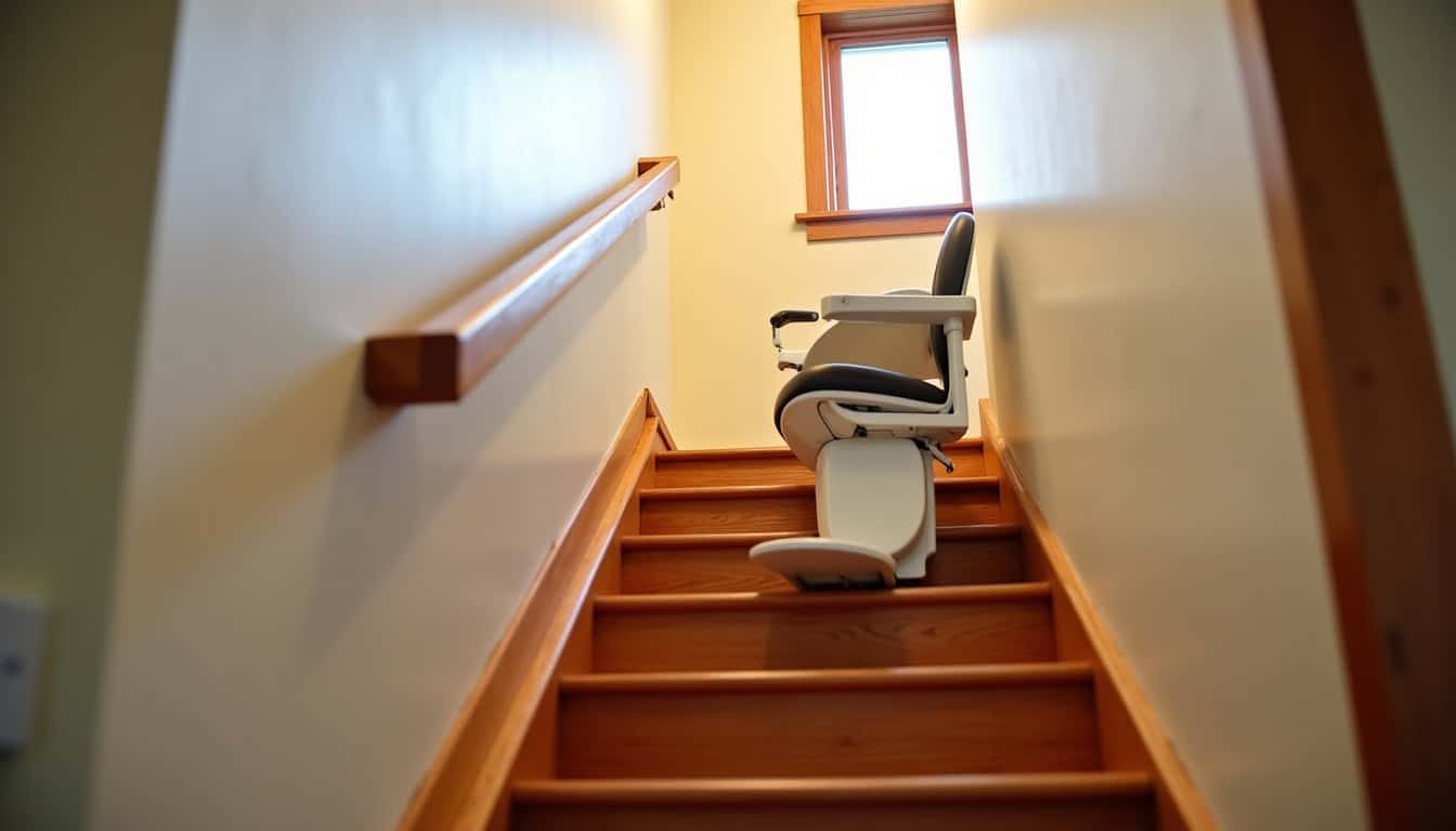 Monte-escalier droit installé dans une maison à Mélisey, fixé sur les marches sans toucher aux murs