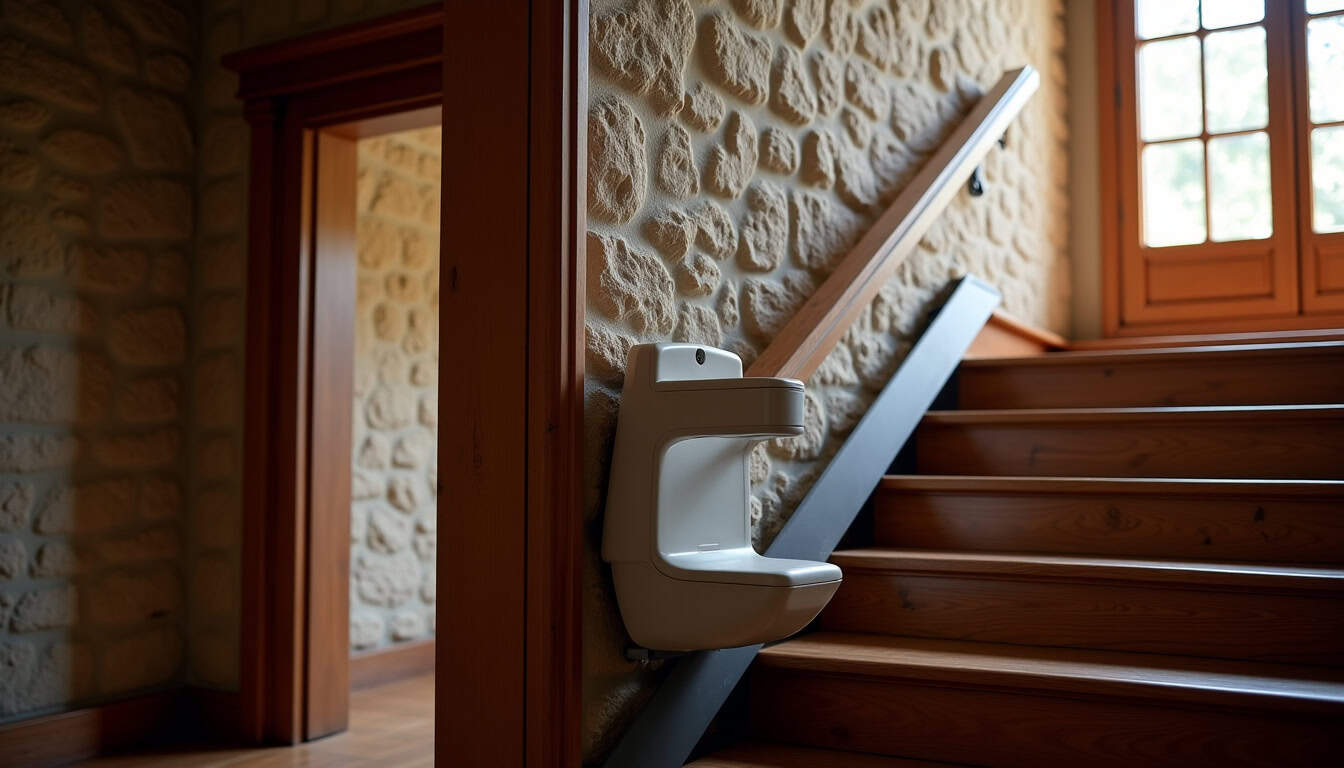 Monte-escalier droit installé dans une maison ancienne à Saint-Amour