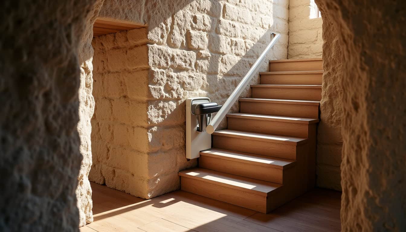 Monte-escalier droit installé dans une maison de caractère à Lapalud