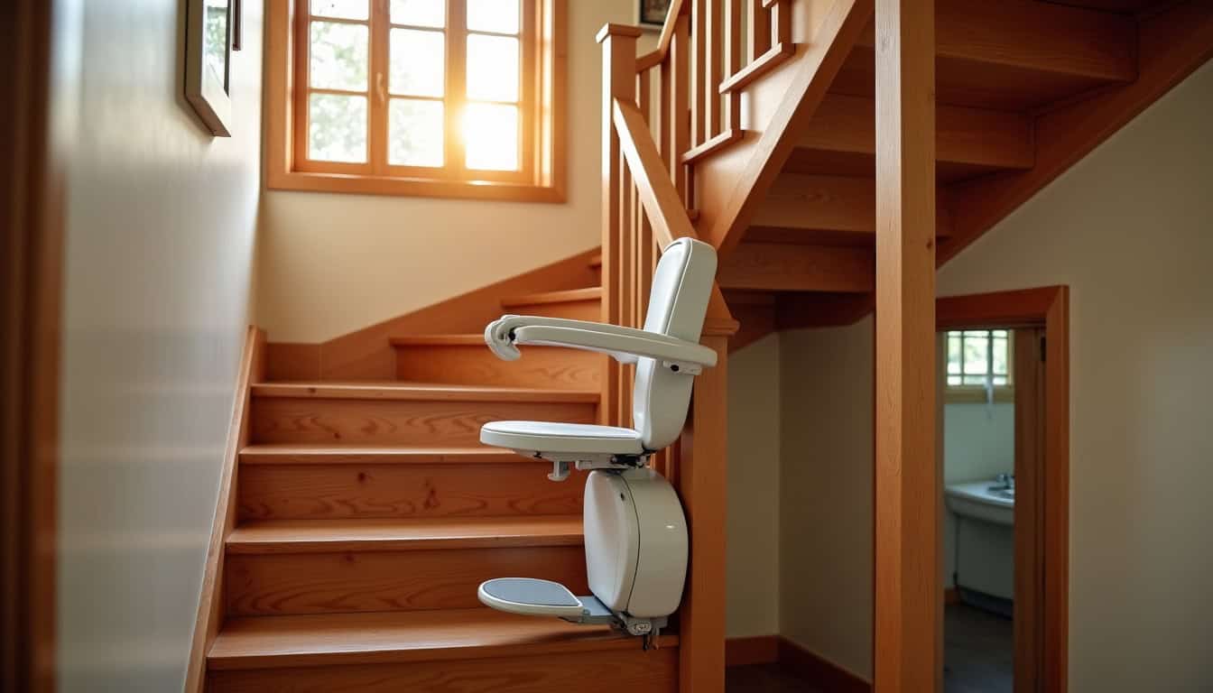 Monte-escalier droit installé dans une maison traditionnelle de Sainte-Lizaigne avec escalier en bois