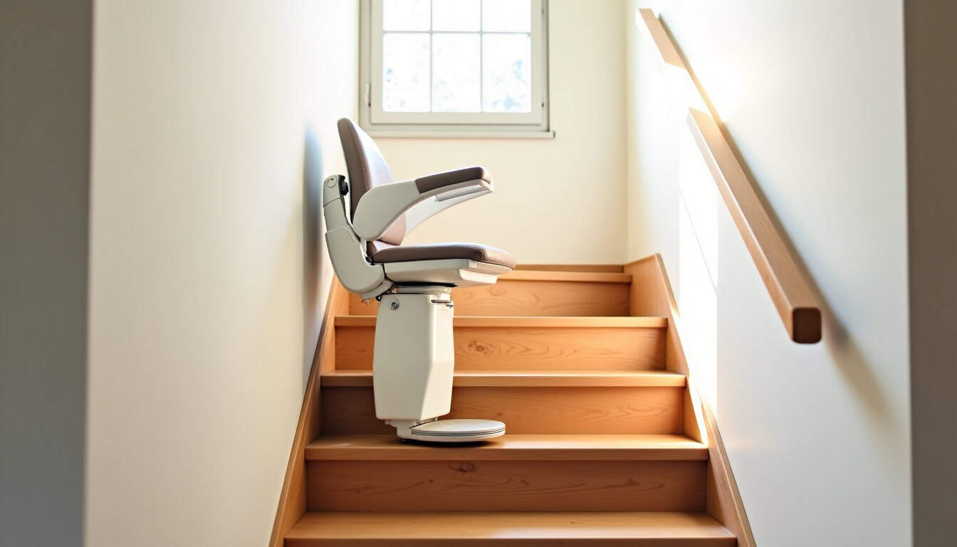Monte-escalier droit installé sur un escalier droit dans une maison à Le Langon