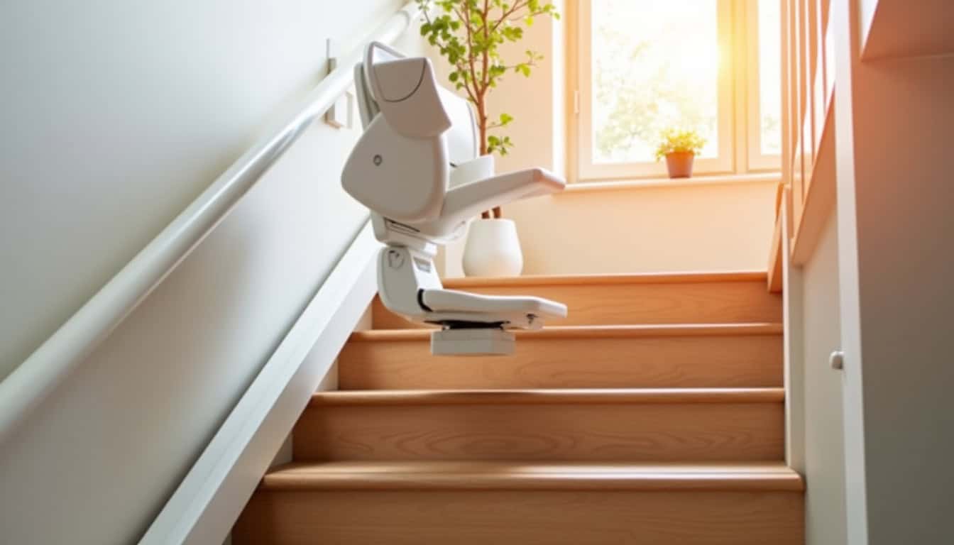 Monte-escalier droit installé sur un escalier droit dans une maison à Rochefort-sur-Loire
