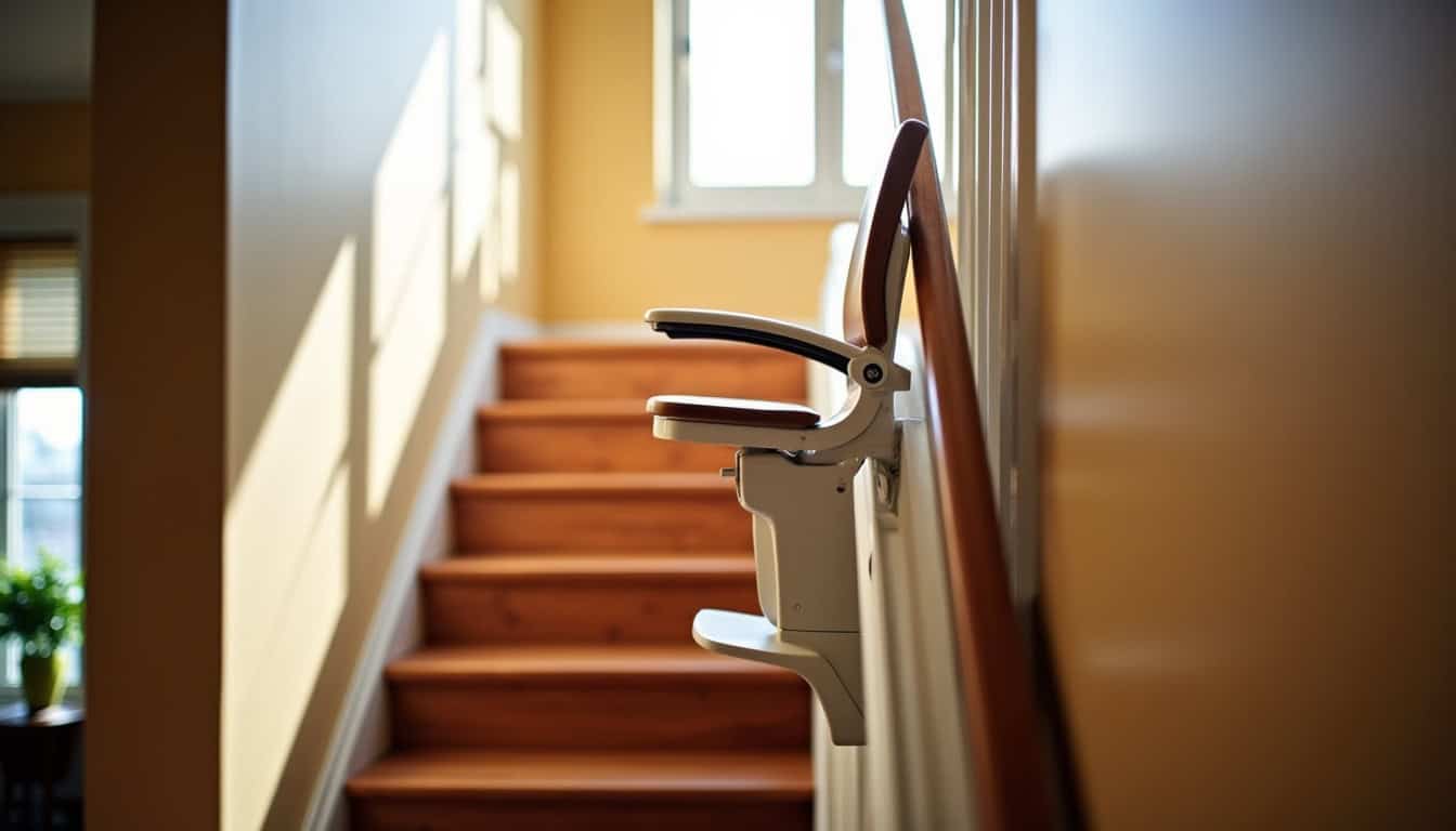 Monte-escalier droit installé sur un escalier droit, intégré de manière discrète dans une maison à Quelaines-Saint-Gault