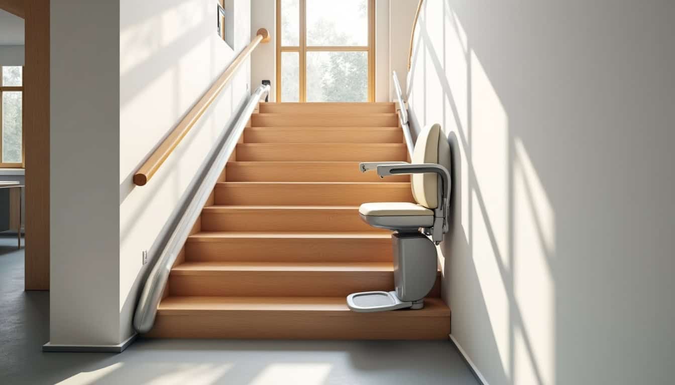 Monte-escalier droit installé sur un escalier en bois à L