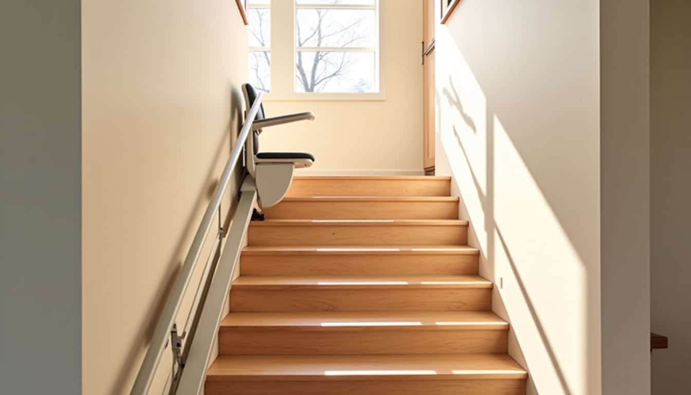 Monte-escalier droit installé sur un escalier en bois clair