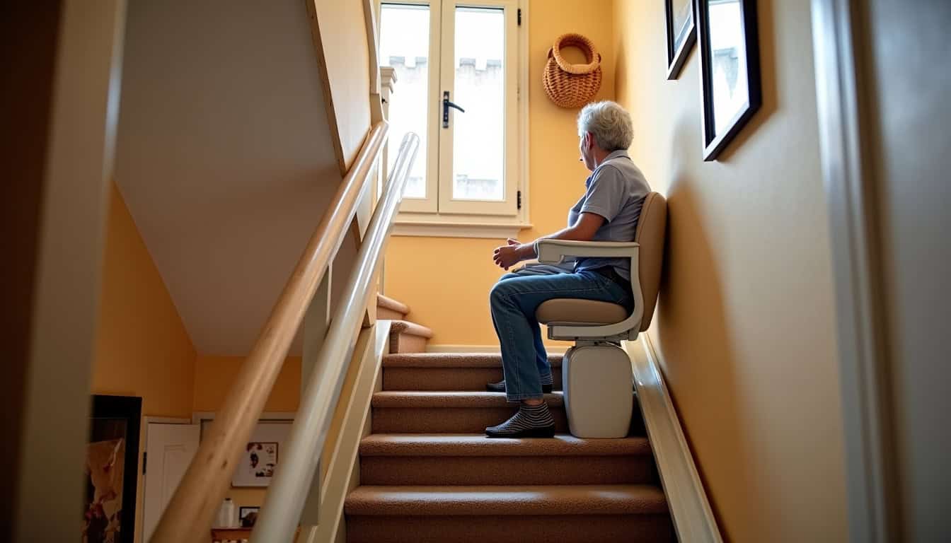 Monte-escalier droit installé sur un escalier rectiligne dans une habitation à Saint-Étienne-au-Mont