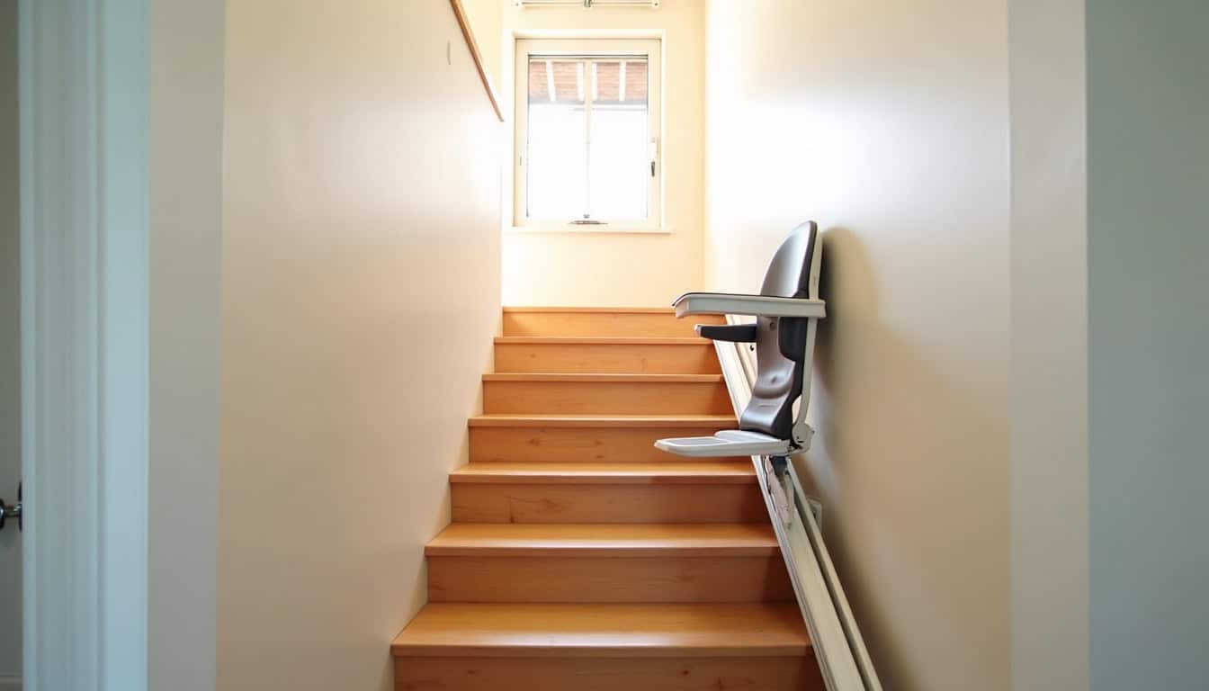 Monte-escalier droit installé sur un escalier rectiligne dans une maison à Ogy-Montoy-Flanville