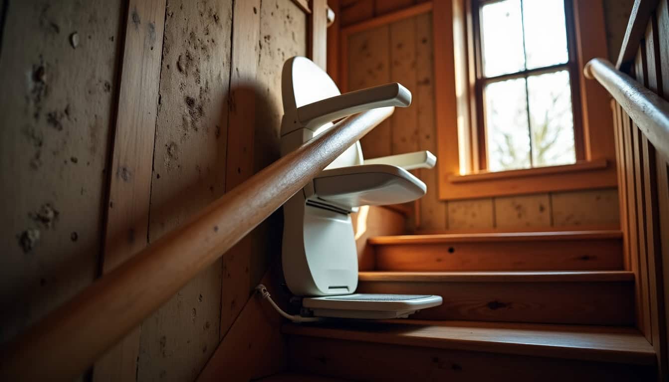 Monte-escalier droit installé sur une volée d’escalier rectiligne dans une maison ancienne à Bourgs-sur-Colagne
