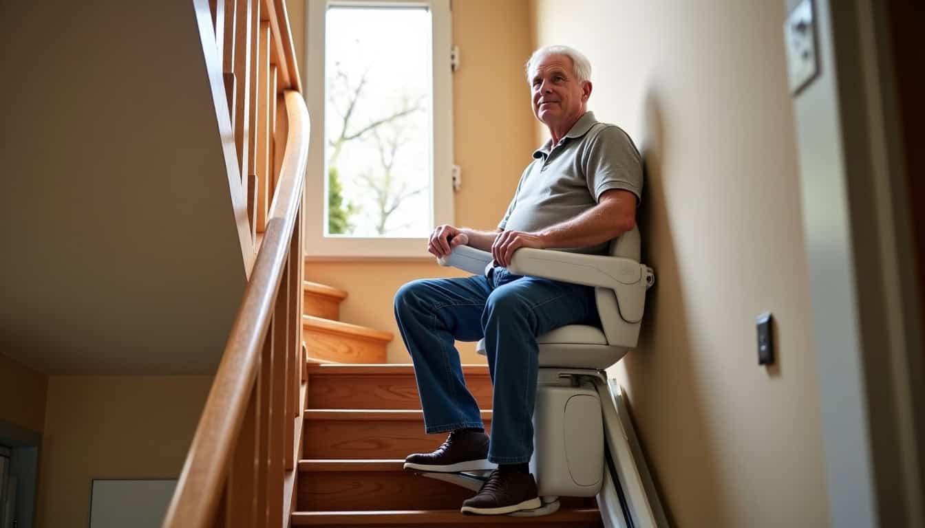 Monte-escalier en fonctionnement avec un utilisateur à Le Breuil-sur-Couze