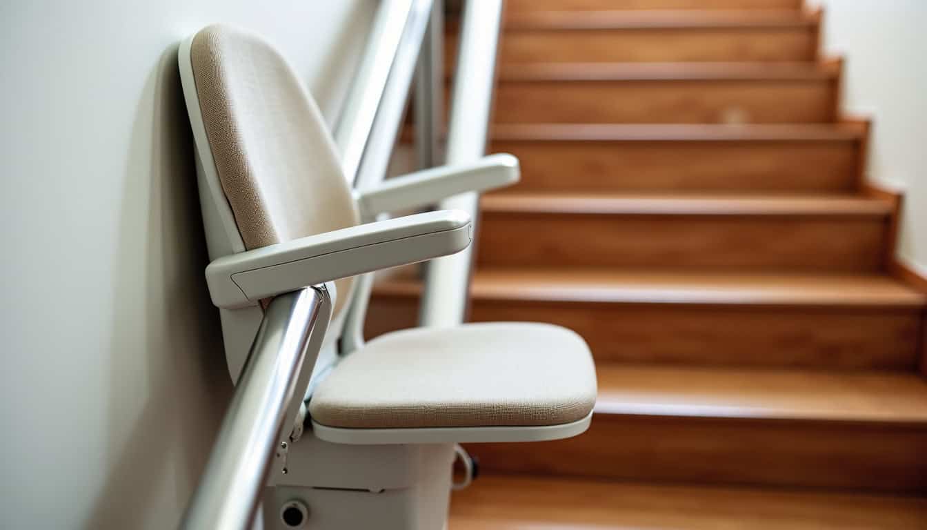 Monte-escalier en vue rapprochée montrant le siège, le rail et les capteurs de sécurité installés sur un escalier droit