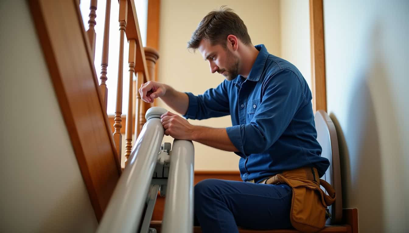 Technicien professionnel en train d'installer un monte-escalier dans une maison à Espoey