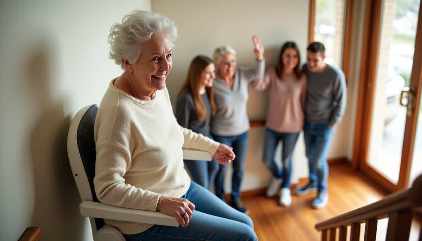 Famille souriante avec un aîné utilisant un monte-escalier à Espoey