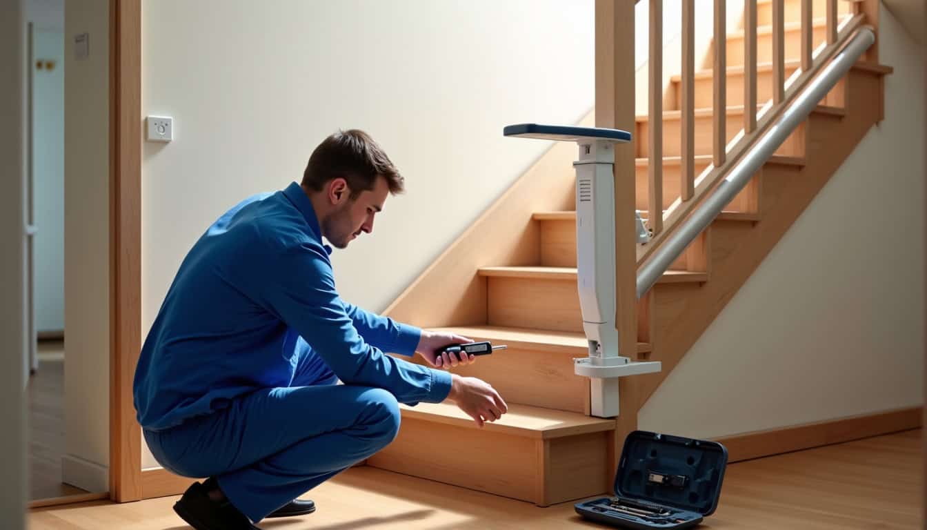 Technicien en train d’effectuer une maintenance préventive sur un monte-escalier à Esquerdes