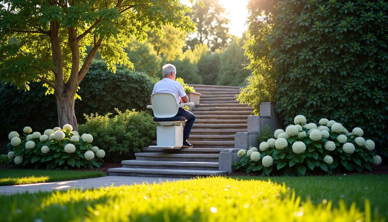 Monte-escalier extérieur en fonctionnement dans un jardin à Saint-Genis-Laval