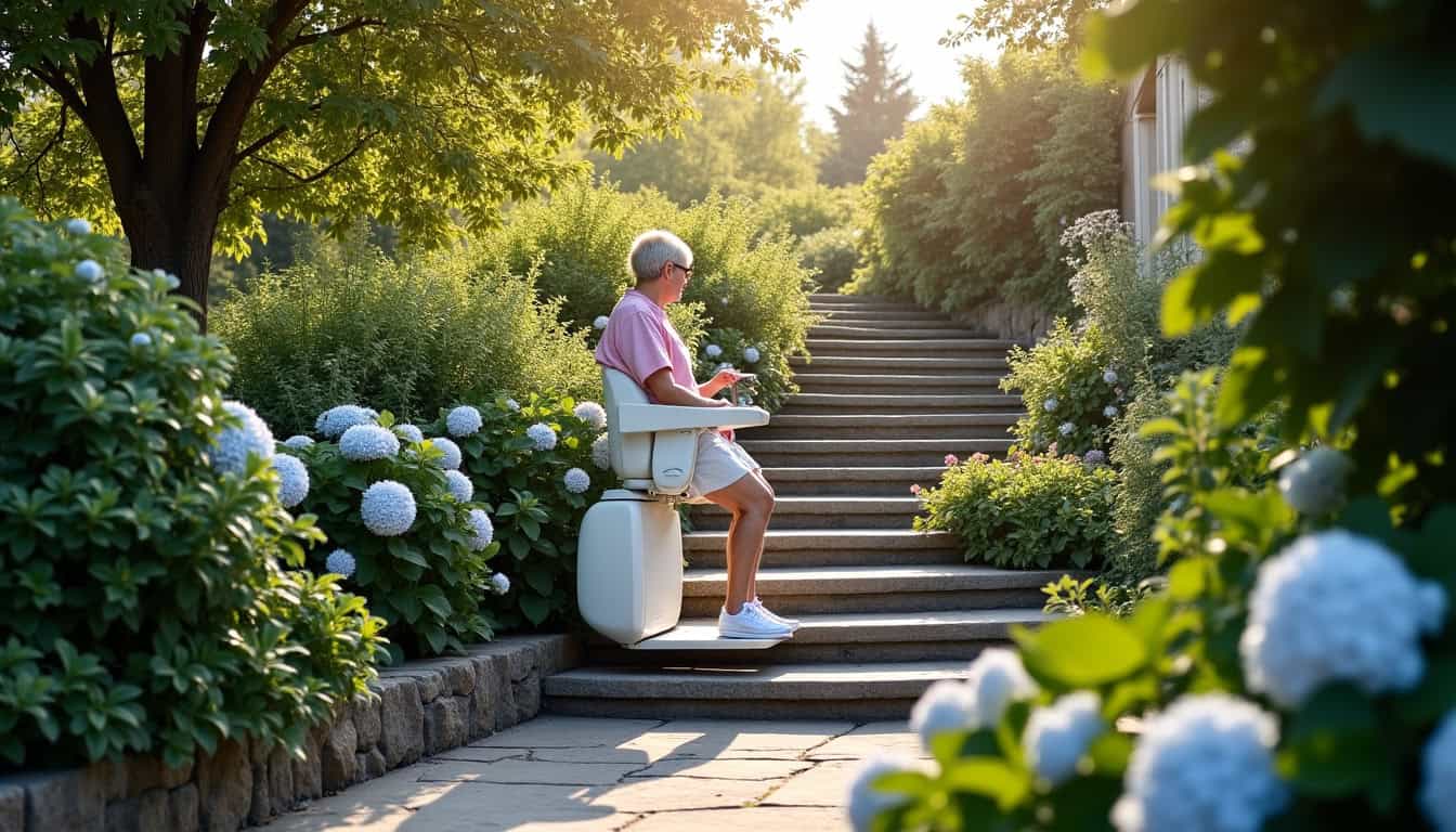 Monte-escalier extérieur en fonctionnement dans un jardin à Trédarzec