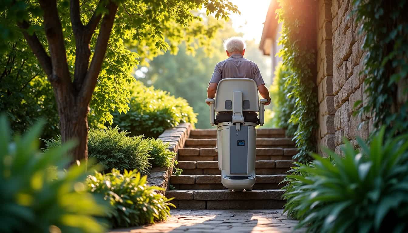 Monte-escalier extérieur en utilisation dans un jardin à Saint-Christo-en-Jarez