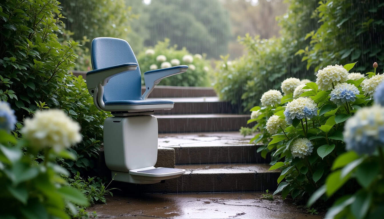 Monte-escalier extérieur fonctionnant sous la pluie dans un jardin à Saint-Julien
