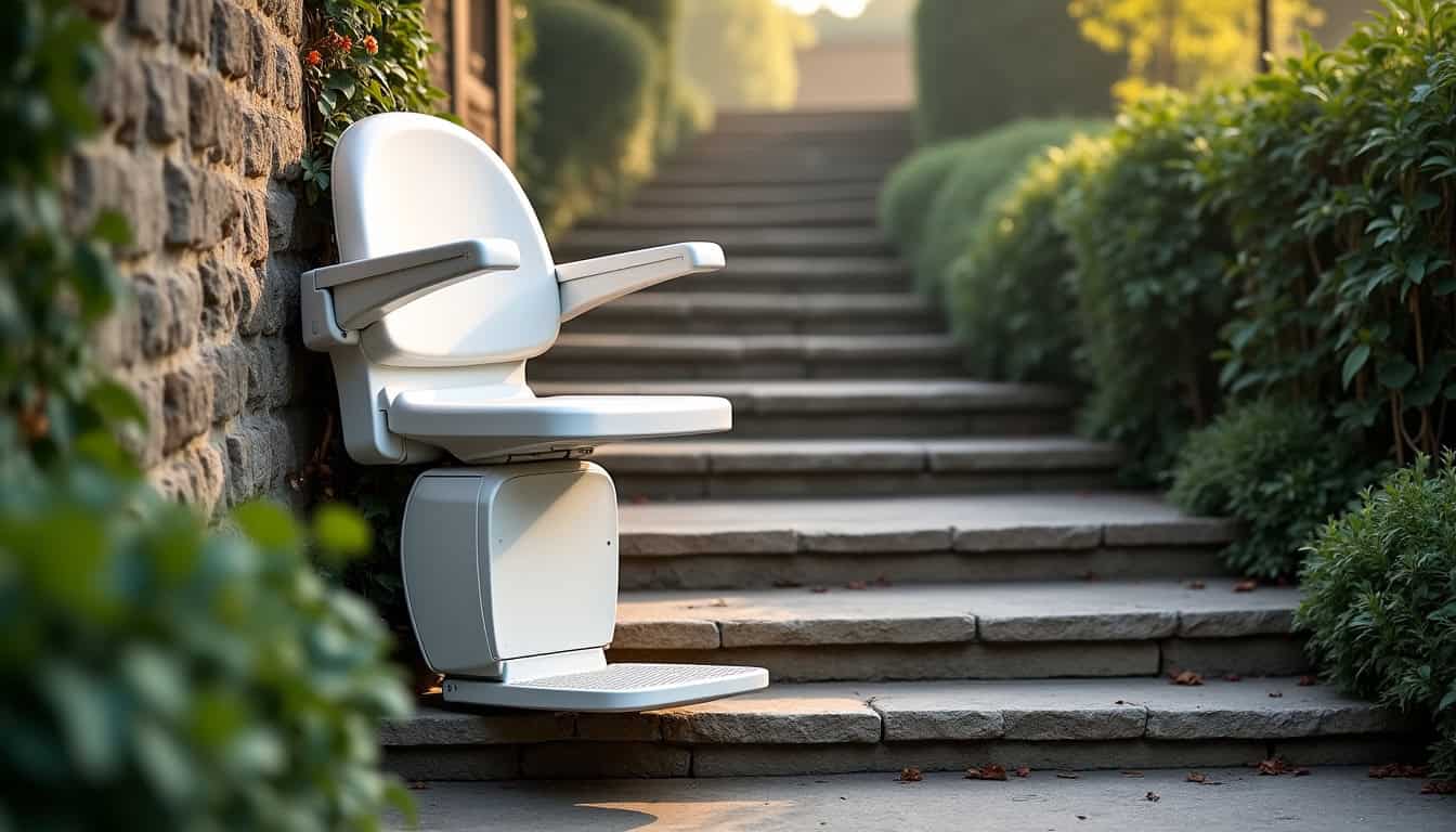 Monte escalier extérieur installé à l’extérieur d’une maison à Jargeau, protégé par une housse