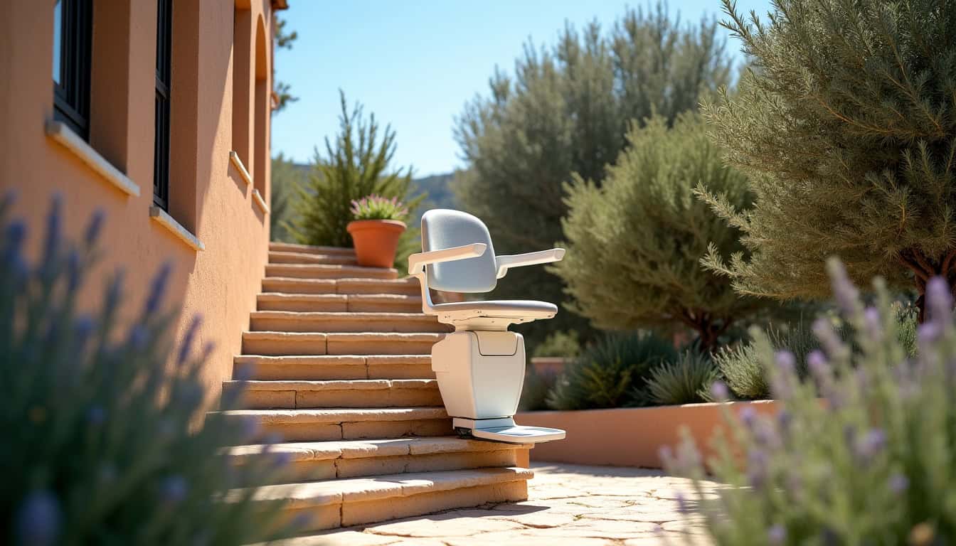 Monte-escalier extérieur installé dans une villa du Var, résistant aux conditions climatiques méditerranéennes