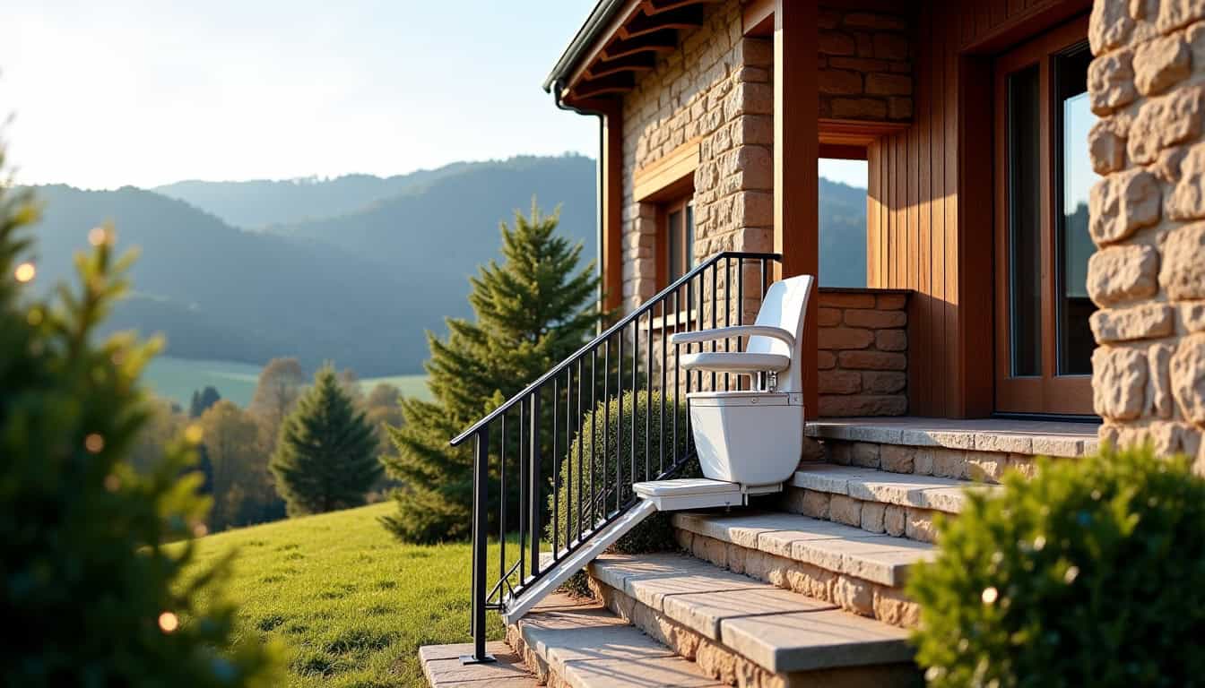 Monte escalier extérieur installé devant une maison à Arpajon-sur-Cère, adapté aux conditions climatiques du Cantal