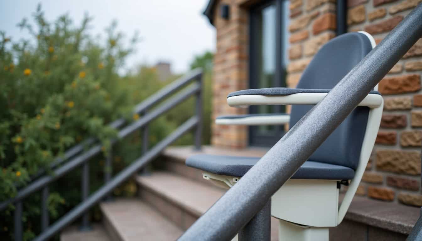 Monte-escalier extérieur installé devant une maison à Désertines, résistant aux intempéries et permettant d
