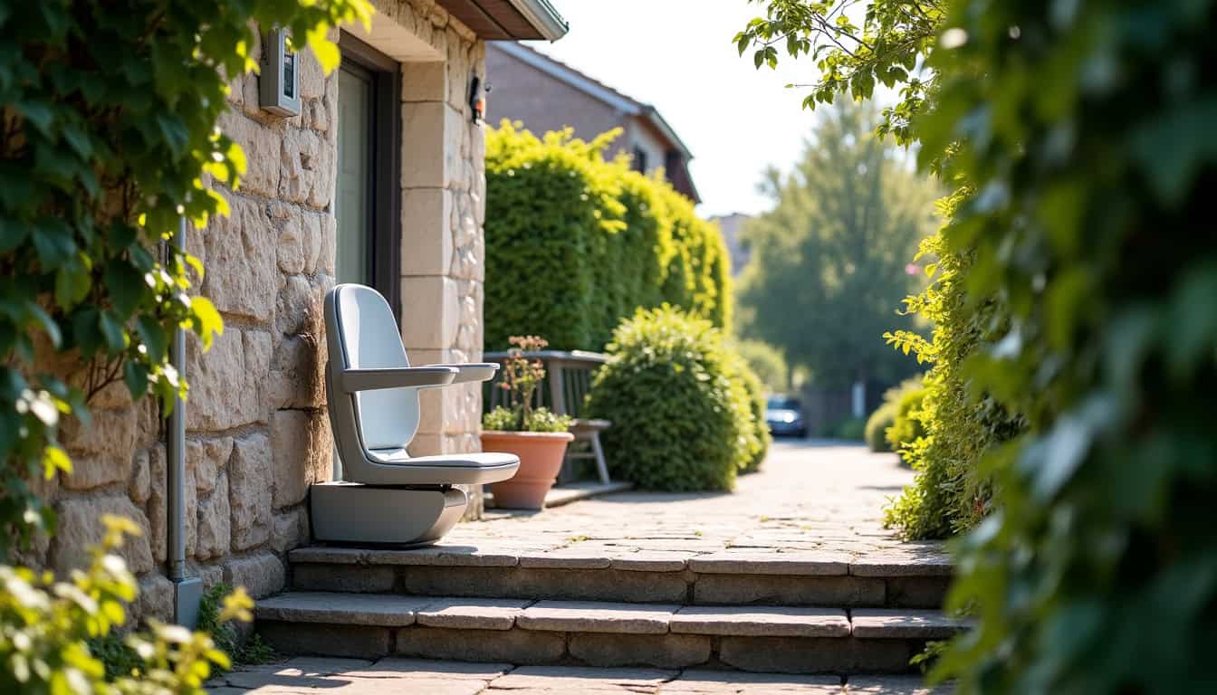 Monte-escalier extérieur installé devant une maison à La Regrippière, en pleine journée