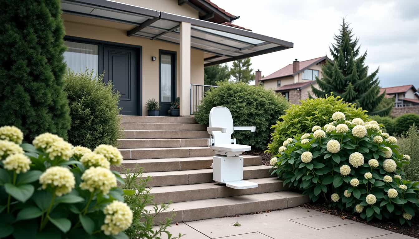 Monte-escalier extérieur installé devant une maison à Manzat, protégé des intempéries