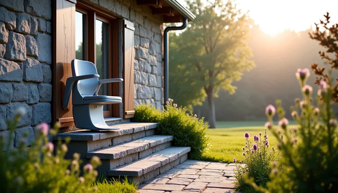 Monte-escalier extérieur installé devant une maison à Plumaugat