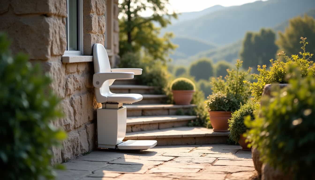 Monte-escalier extérieur installé devant une maison à Saint-Just-en-Chevalet