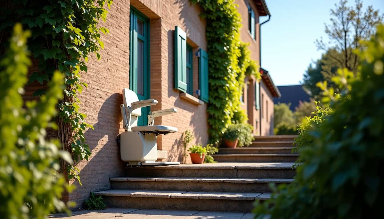 Monte-escalier extérieur installé devant une maison traditionnelle de Cambrai