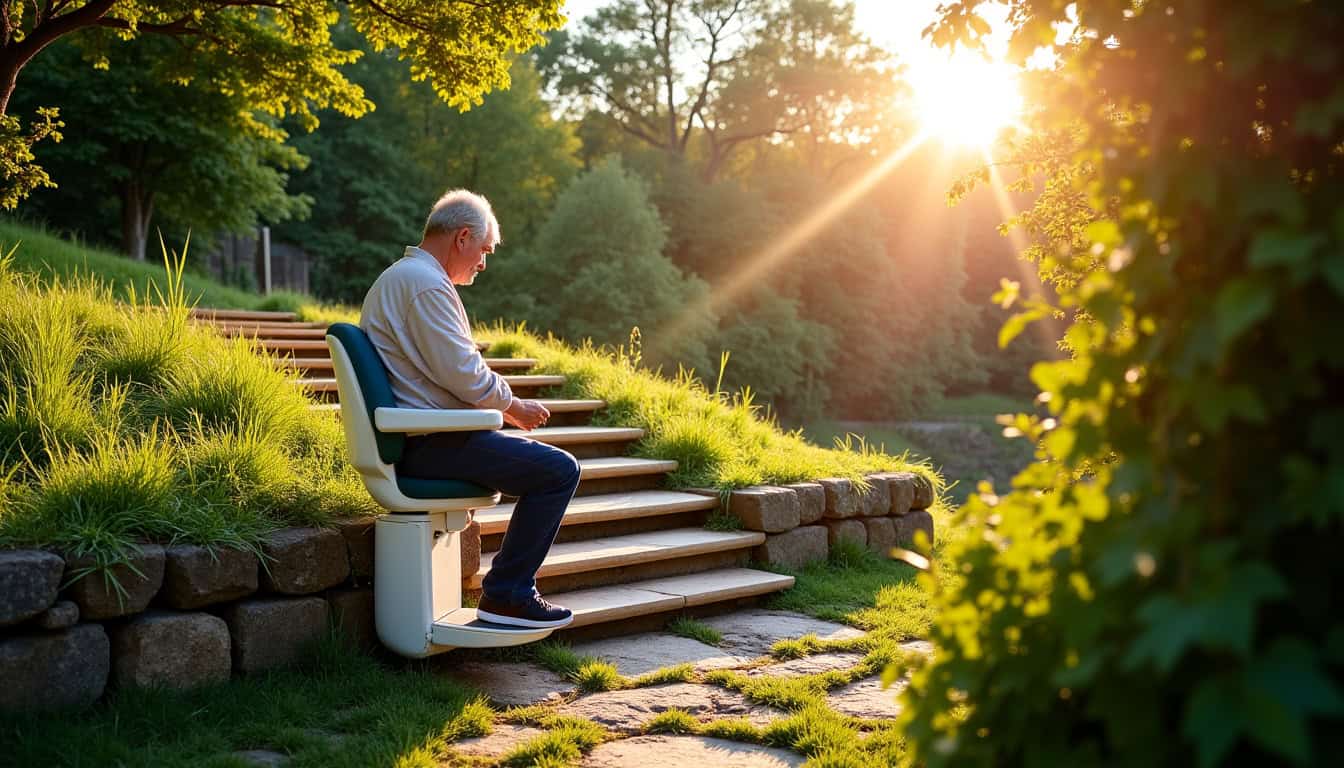 Monte-escalier extérieur installé pour accéder au jardin à Saint-Didier-de-la-Tour