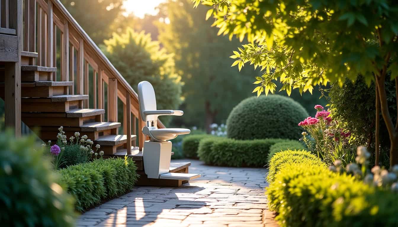 Monte-escalier extérieur installé sur des marches menant au jardin à Saint-Médard-de-Guizières