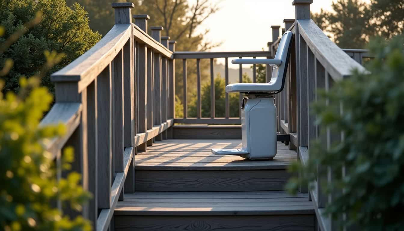 Monte-escalier extérieur installé sur un escalier en bois à Plonéis