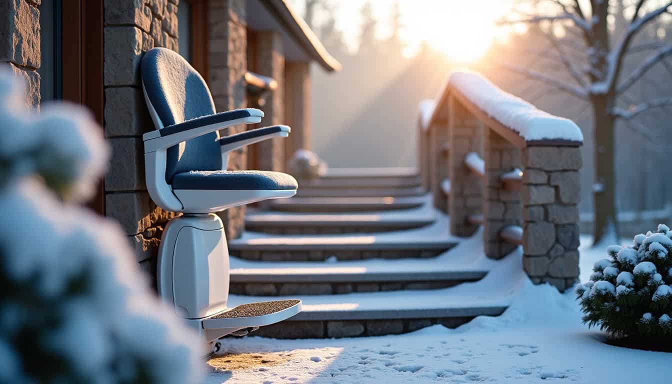 Monte-escalier extérieur installé sur un escalier en pente dans une habitation de Frangy, résistant aux intempéries hivernales