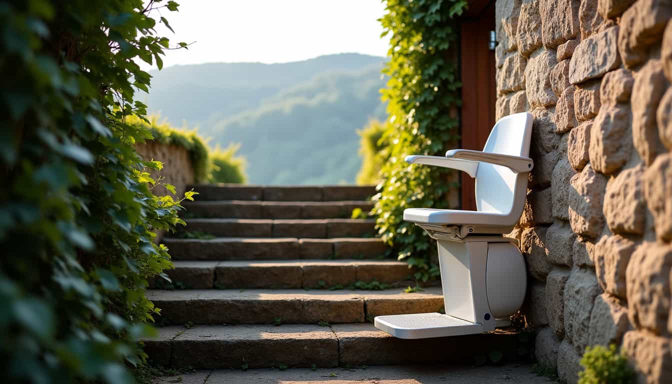 Monte-escalier extérieur installé sur un escalier en pierre à Étang-sur-Arroux