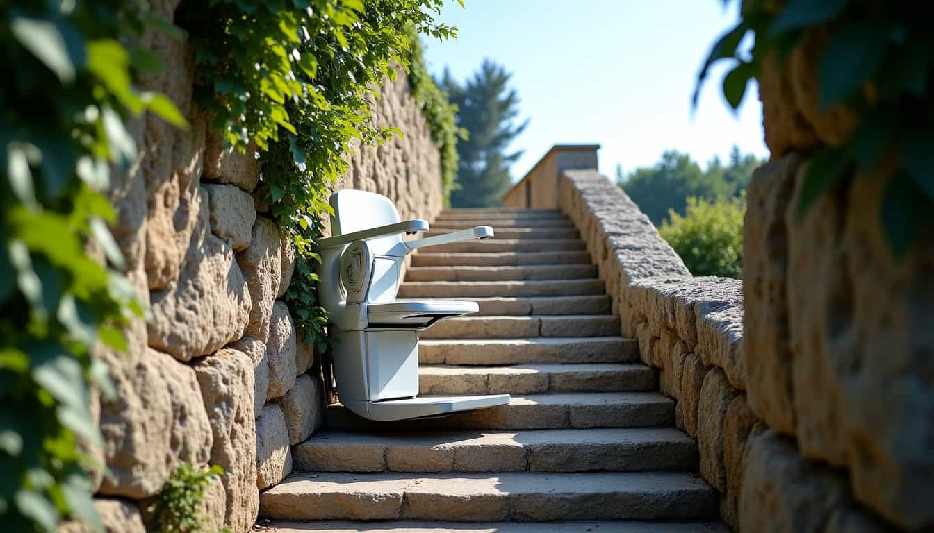 Monte-escalier extérieur installé sur un escalier en pierre à Pornic