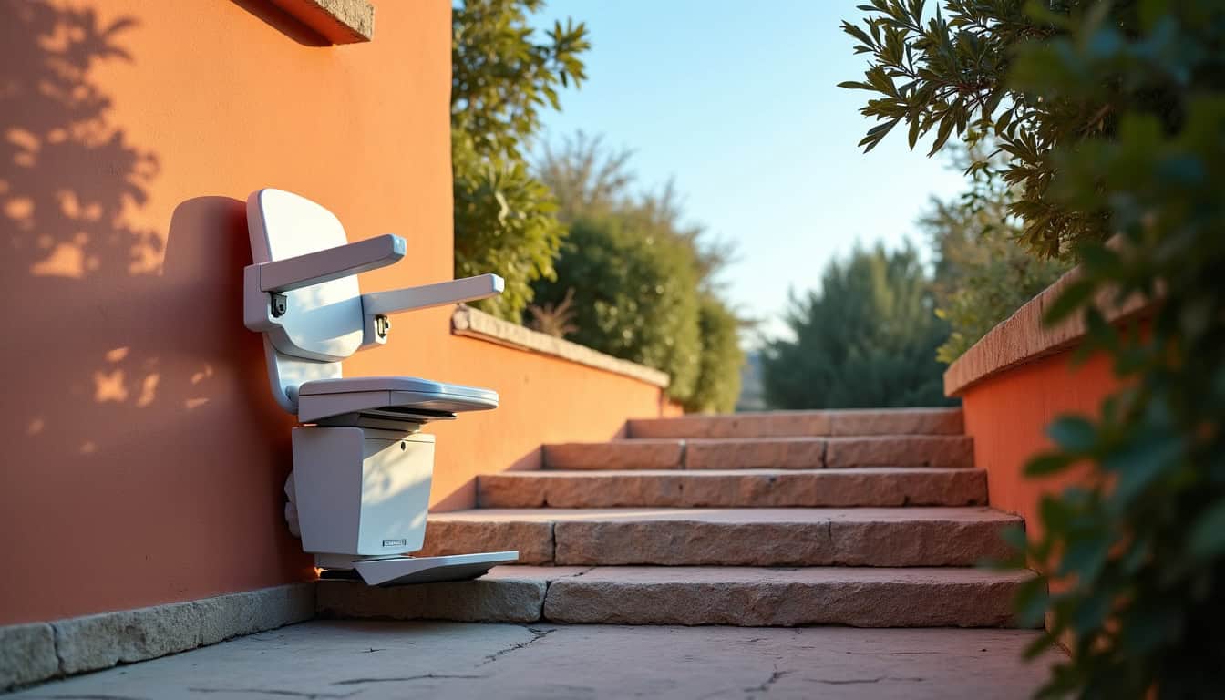 Monte-escalier extérieur installé sur un escalier en pierre en Corse-du-Sud