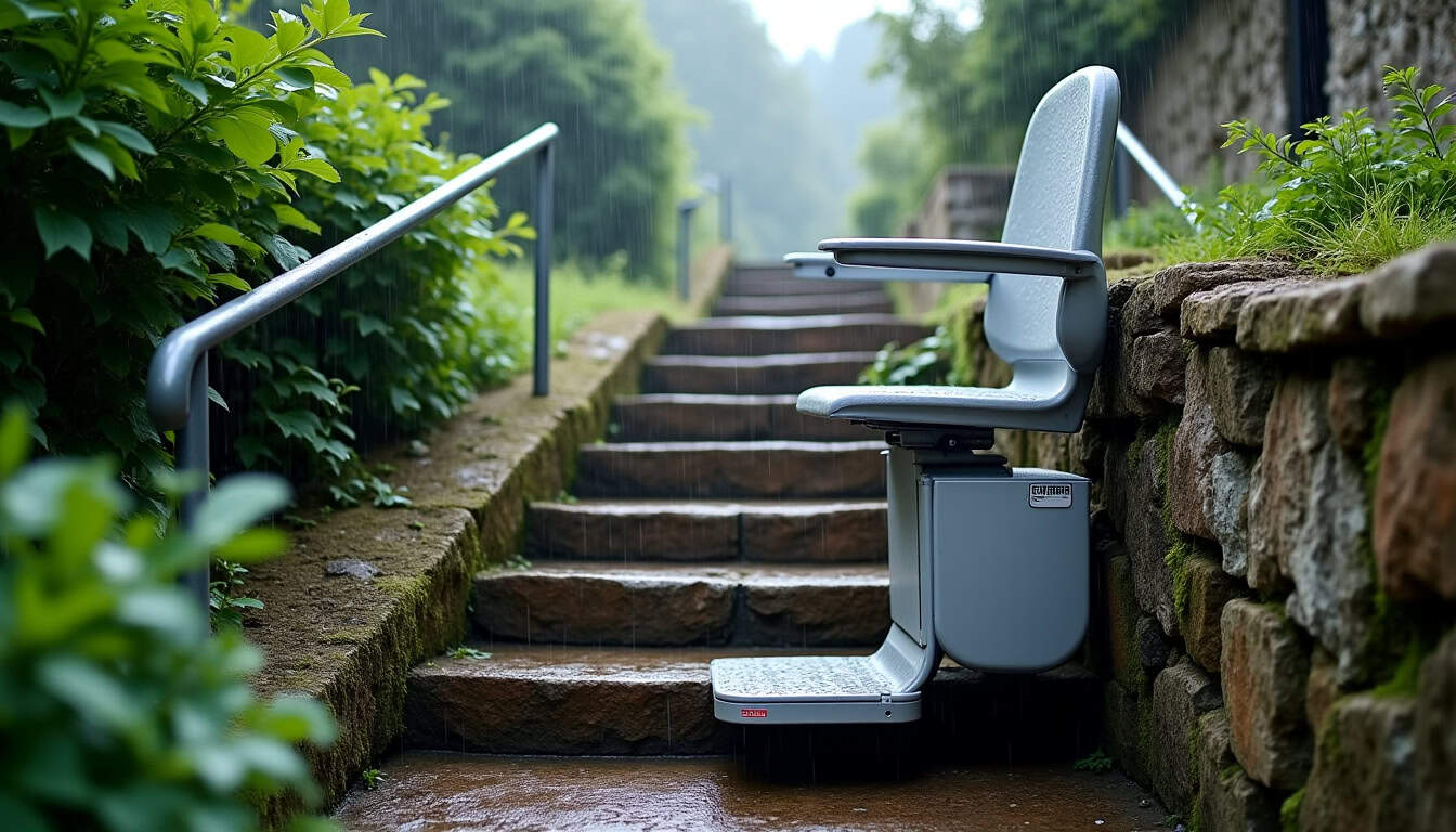 Monte-escalier extérieur installé sur un escalier extérieur à Montreuil-sur-Ille, résistant aux intempéries