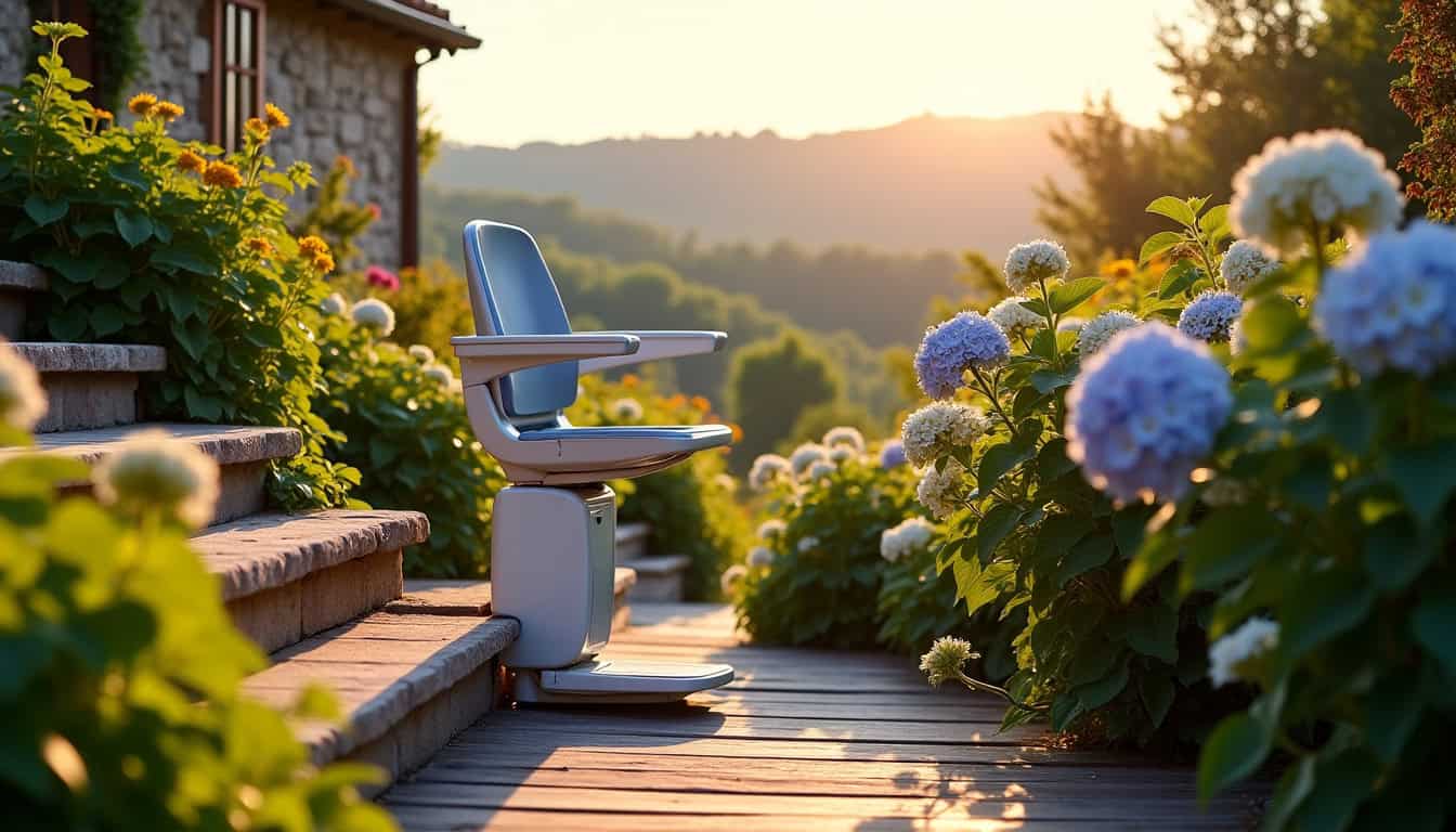 Monte-escalier extérieur installé sur un escalier menant à une terrasse à Crémieu