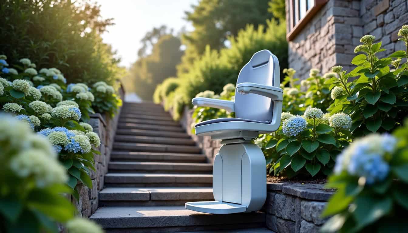 Monte-escalier extérieur installé sur un escalier menant au jardin