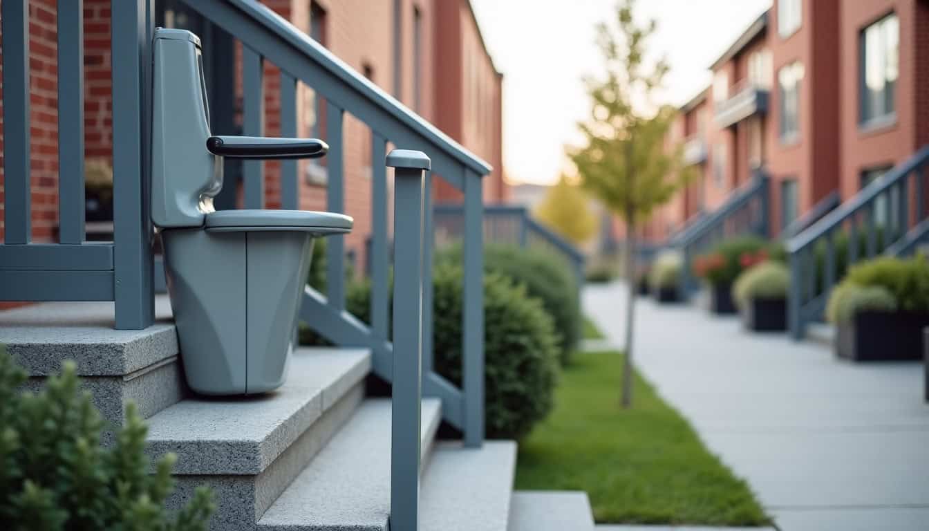 Monte-escalier extérieur installé sur un perron à La Milesse, en milieu urbain