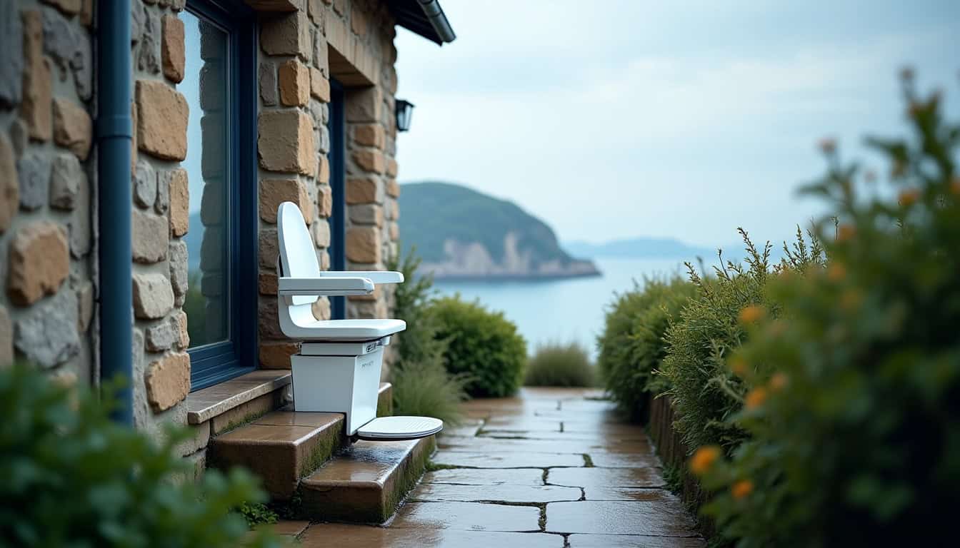 Monte-escalier extérieur installé sur un perron à Plouha, avec protection contre les intempéries