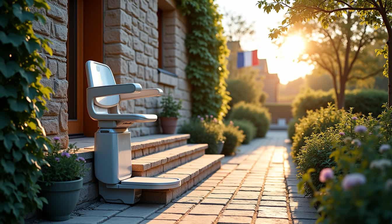 Monte-escalier extérieur installé sur un perron en zone résidentielle à Estevelles