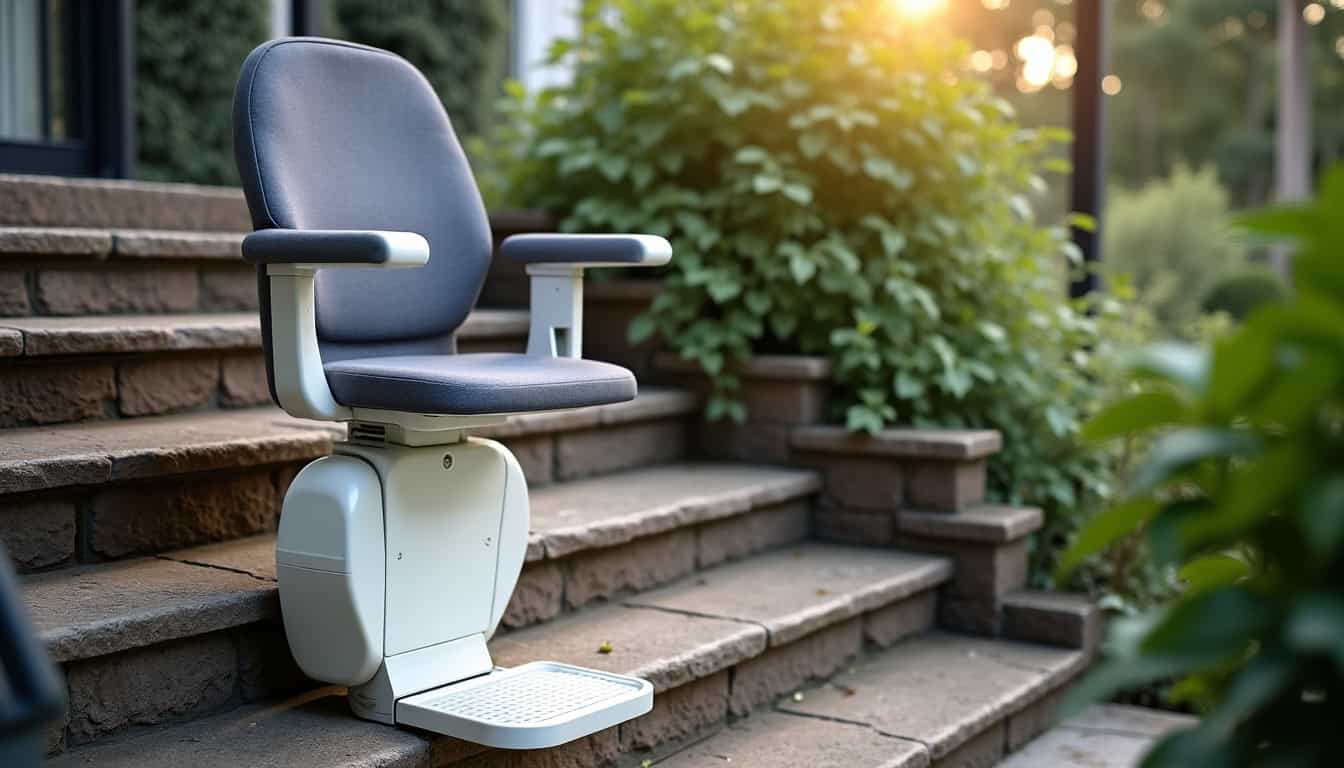 Monte-escalier extérieur installé sur une habitation à Villeneuve-sur-lot, protégé par une housse étanche