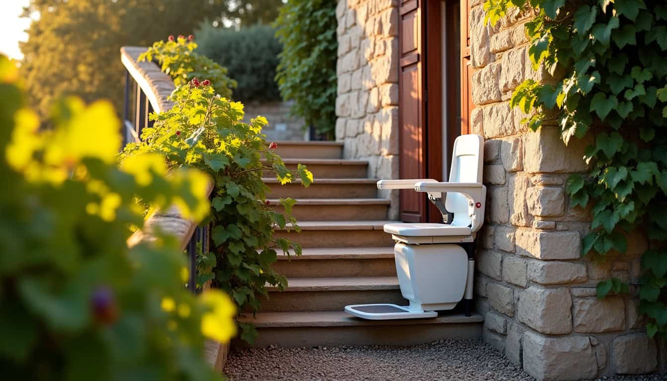 Monte-escalier extérieur installé sur une maison traditionnelle à Saint-Émilion